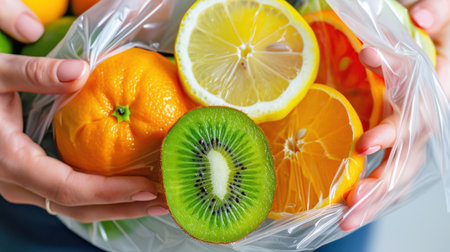 A vibrant assortment of fresh citrus fruits and kiwi nestled in a clear plastic bag, embodying a healthy lifestyle and promoting nutritious eating choices.の素材