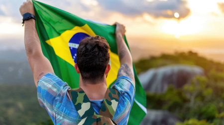 A man stands on a hilltop holding a Brazilian flag against a stunning sunset. The vibrant colors of the sky blend with lush greenery, creating a perfect scene.の素材