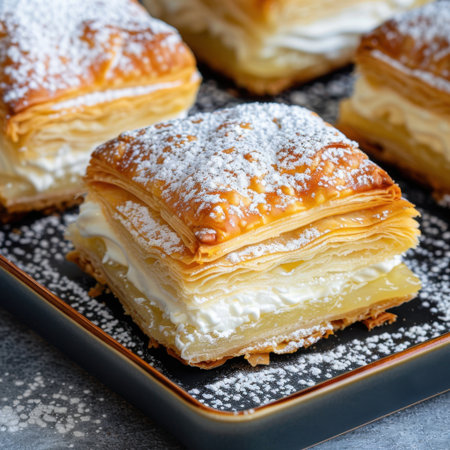 A visually appealing layered pastry dessert featuring delicate flaky layers filled with creamy goodness, topped with a sprinkle of powdered sugar.の素材