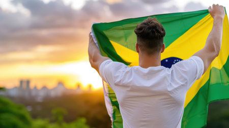 A young man stands with his back to the camera, proudly waving the Brazilian flag as the sun sets behind a lively city skyline. The scene captures a moment of joy and national pride, surrounded by lush greenery and vibrant colors in the sky.の素材