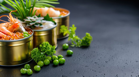 This image showcases an assortment of fresh seafood presented in elegant canned containers, highlighted with vibrant green garnishes on a dark surface, perfect for culinary enthusiasts.の素材