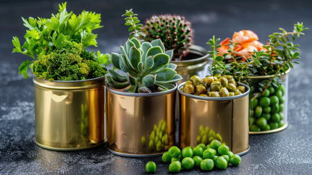 A beautiful arrangement of fresh green herbs and vibrant succulent plants displayed in elegant gold containers, perfect for enhancing home decor and gardening passion.の素材