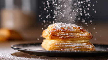 This image captures a beautifully arranged plate of flaky pastries topped with a fine dusting of powdered sugar, evoking a sense of gourmet indulgence.の素材