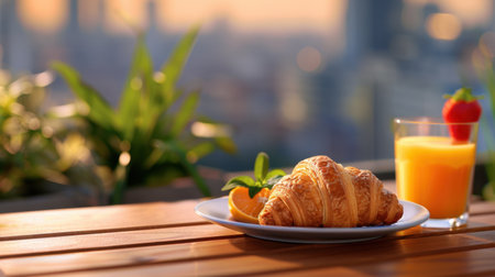 Enjoy a beautifully arranged breakfast scene featuring a golden croissant, a juicy orange, and a refreshing glass of juice, all bathed in warm morning light.の素材