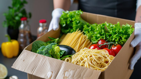 A cardboard box filled with fresh vegetables and pasta, showcasing vibrant ingredients for meal preparation. Perfect for healthy cooking at home.の素材