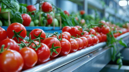 This image depicts a line of freshly harvested red tomatoes on a conveyor belt in a modern packing facility, showcasing vibrant produce ready for distribution.の素材