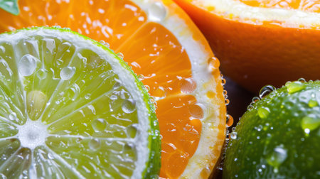 Close-up view of fresh citrus fruits, showcasing vibrant orange and green hues with water droplets, perfect for promoting healthy lifestyle choices.の素材