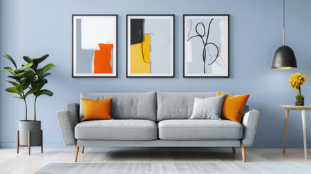 Discover a beautifully designed living room featuring a modern sofa with vibrant pillows, striking abstract wall art, and lush indoor plants, creating a cozy and inviting atmosphere.の素材