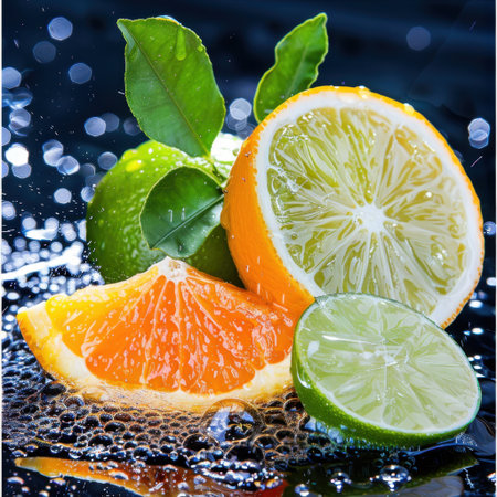 Bright and refreshing citrus fruits featuring sliced orange and lime with water splashing around them, perfect for health, culinary, and beverage concepts.の素材