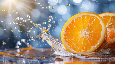 This dynamic image showcases juicy orange slices creating splashes in clear water, with sparkling bokeh and sunlight reflections, evoking freshness and vitality.の素材