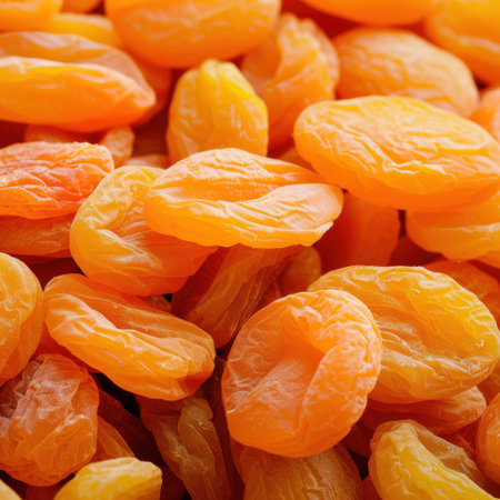 A close-up view of vibrant dried apricots showcases their bright orange color and chewy texture, perfect for healthy snacking or culinary uses.の素材