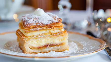 A beautifully presented layered pastry dessert garnished with whipped cream and powdered sugar. Perfect for dessert lovers seeking a sweet delight.の素材