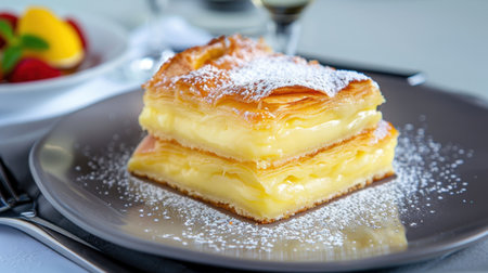 This exquisite pastry dessert features multiple layers of creamy custard, elegantly dusted with powdered sugar, perfect for any celebration or treat.の素材