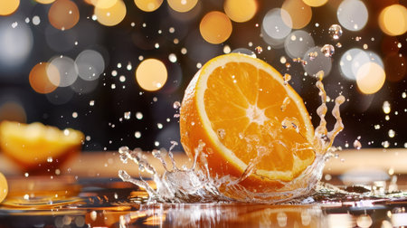 A fresh orange slice splashes into water, creating dynamic droplets against a soft bokeh background. This vibrant image evokes freshness and vitality.の素材