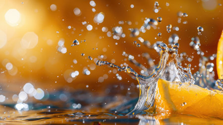 A stunning close-up of a fresh citrus slice creating a vibrant splash in water, set against a warm golden bokeh background, capturing refreshing essence.の素材