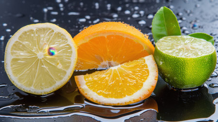 A visually appealing arrangement of fresh citrus fruits including lemon, lime, and orange, showcasing vibrant colors and glistening droplets. Ideal for health-focused projects.の素材