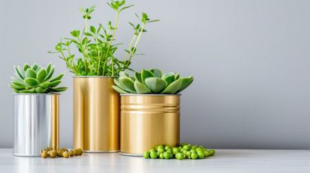 Aesthetic arrangement of vibrant indoor plants in metallic containers, showcasing a blend of modern design and natural beauty against a soft grey backdrop.の素材