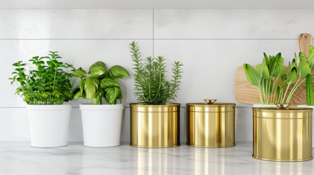 A stylish arrangement of various fresh herbs and indoor plants in elegant pots on a modern kitchen countertop, enhancing home decor and freshness.の素材