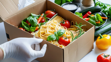A close-up view of a cardboard box filled with fresh ingredients including pasta, ripe tomatoes, and aromatic herbs, ideal for a home-cooked meal.の素材
