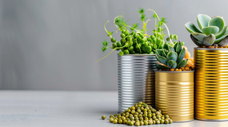 A captivating arrangement of lush greenery in vintage metal cans, showcasing vibrant succulents and fresh green peas, perfect for modern home aesthetics.の素材