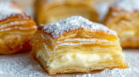This mouthwatering pastry features delicate layers of flaky dough filled with a rich cream, dusted with powdered sugar for a delightful touch.の素材