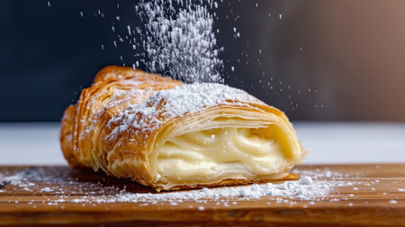 A beautifully crafted Danish pastry showcases layers of flaky dough, filled with rich cream and topped with lightly sprinkled powdered sugar, perfect for any dessert lover.の素材