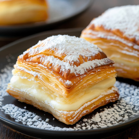 A beautifully presented flaky pastry dessert featuring multiple layers and a creamy filling, lightly dusted with powdered sugar on a black plate.の素材
