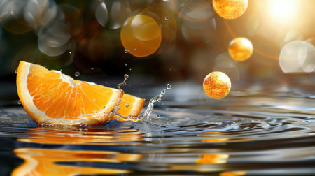 A dynamic composition featuring a fresh orange slice creating a splash in water, with floating orange spheres, illuminated by warm sunlight. Perfect for conveying refreshment.の素材
