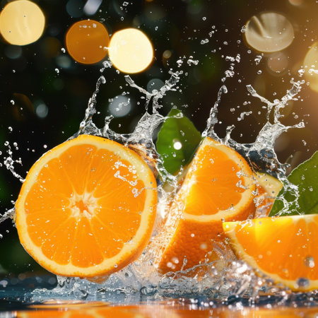 This stunning image captures a vibrant splash of an orange slice amidst water droplets, radiating freshness and vitality. The bokeh effect in the background enhances the lively atmosphere, perfect for health-related themes and food photography.の素材