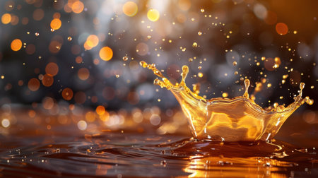 A mesmerizing capture of a water splash creating ripples and droplets in a serene environment, highlighted by golden bokeh effects and vibrant reflections.の素材