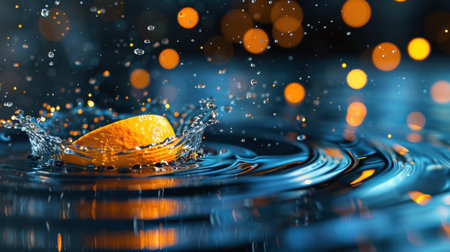 A stunning image capturing an orange splashing into water, surrounded by vibrant bokeh lights. The scene evokes freshness and energy, perfect for various creative projects.の素材