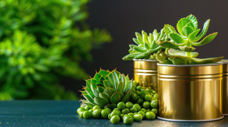 This stunning image features vibrant succulent plants arranged in decorative metallic pots, showcasing a fresh and modern design ideal for home decor or gardening inspiration.の素材