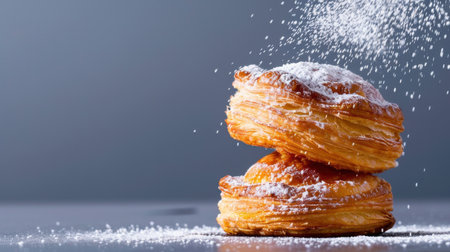 A captivating image of freshly baked pastries layered with flaky texture and a dusting of powdered sugar, perfect for showcasing culinary delights.の素材