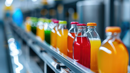 A close-up view of vibrant beverage bottles on a modern factory production line, showcasing a variety of colorful liquids ready for distribution.の素材