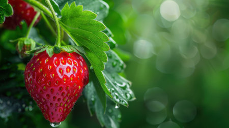 A close-up view of a succulent red strawberry adorned with glistening water droplets, set against a serene green backdrop, showcasing freshness and vitality.の素材
