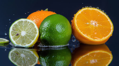 This high-quality image features a collection of fresh citrus fruits including orange, lime, and lemon, glistening with water droplets against a dark background.の素材
