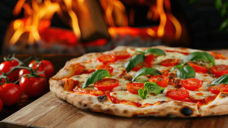 A delicious freshly baked pizza topped with mozzarella, vibrant cherry tomatoes, and fresh basil, served on a wooden board near a cozy fireplace.の素材