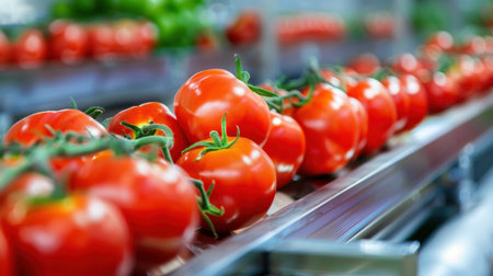 A colorful display of freshly harvested red tomatoes arranged in a supermarket. These tomatoes symbolize healthy eating and culinary creativity. Perfect for enhancing vibrant dishes.の素材