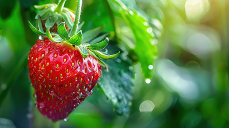A vivid close-up image of a fresh red strawberry, glistening with water droplets, surrounded by lush green leaves under gentle sunlight in a serene garden.の素材