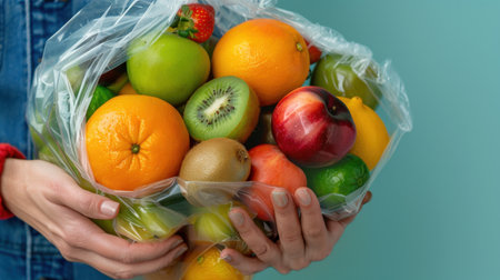 A vibrant display of assorted fresh fruits including oranges, apples, and kiwis, held in a clear plastic bag, showcasing healthy eating and nutrition.の素材