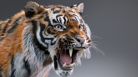 A close-up view of a fierce tiger roaring with intense expression. The beautiful orange and black striped fur contrasts with the soft gray background, showcasing wild beauty.の素材