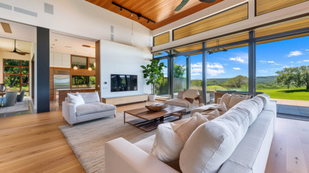 A beautifully designed living room featuring large windows that offer breathtaking views of nature. The space is filled with natural light, accented by comfortable furniture and elegant decor, creating a perfect blend of style and relaxation.の素材