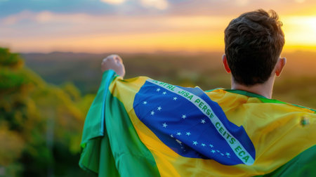 A person stands against a picturesque sunset, wrapped in a vibrant Brazilian flag, capturing a moment of pride and connection with nature.の素材