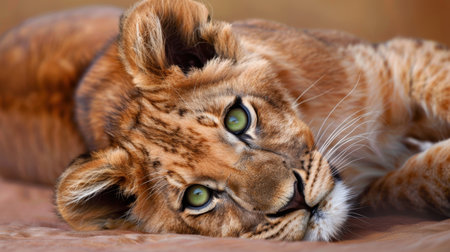 This stunning close-up image features a young lion cub resting peacefully, showcasing its beautiful green eyes and soft fur. Perfect for wildlife enthusiasts.の素材