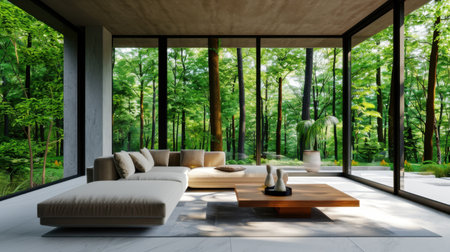 A serene modern living room featuring minimalist design and large glass windows, beautifully showcasing a vibrant green forest landscape in nature.の素材