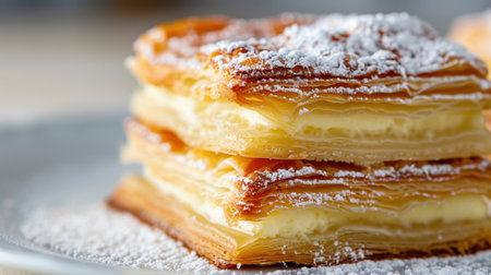 A tempting view of layered pastry filled with creamy delight, dusted with powdered sugar perfect for dessert lovers or cafの素材