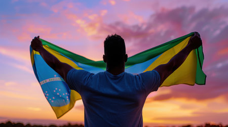 A striking image of a person holding the Brazilian flag high against an enchanting sunset sky filled with vibrant colors and dramatic clouds.の素材
