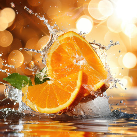 Vibrant orange slices burst through water, creating dynamic splashes against a sparkling bokeh backdrop. This refreshing image highlights the natural beauty of citrus fruits.の素材