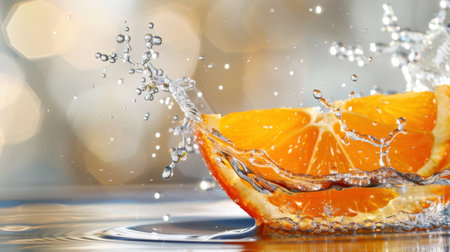 A vibrant orange slice splashes dramatically into clear water, creating stunning bubbles and ripples against a bright background. The freshness of the fruit encapsulates a sense of vitality and refreshment, perfect for promoting healthy eating and beverage ideas. The dynamic motion adds energy to the serene setting, capturing the beauty of nature's produce.の素材