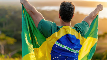 A man stands with his arms wide open, proudly displaying the Brazilian flag during a stunning sunset, embodying a moment of joy and connection to culture.の素材
